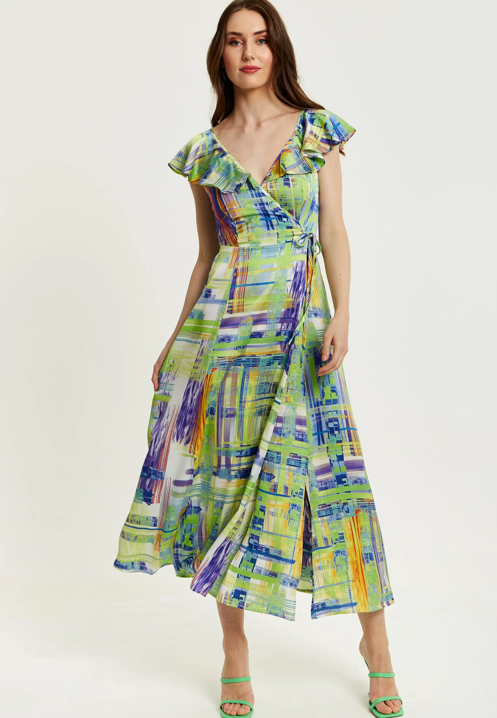 Women's Maxi Dress in Sage and Purple with Flouncy Sleeves and Abstract Print - Liquorish