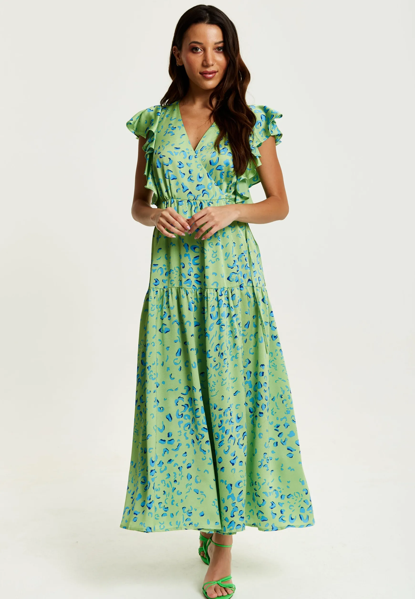 Women's Maxi Dress in Sage with V-Neck and Flouncy Sleeves - Liquorish
