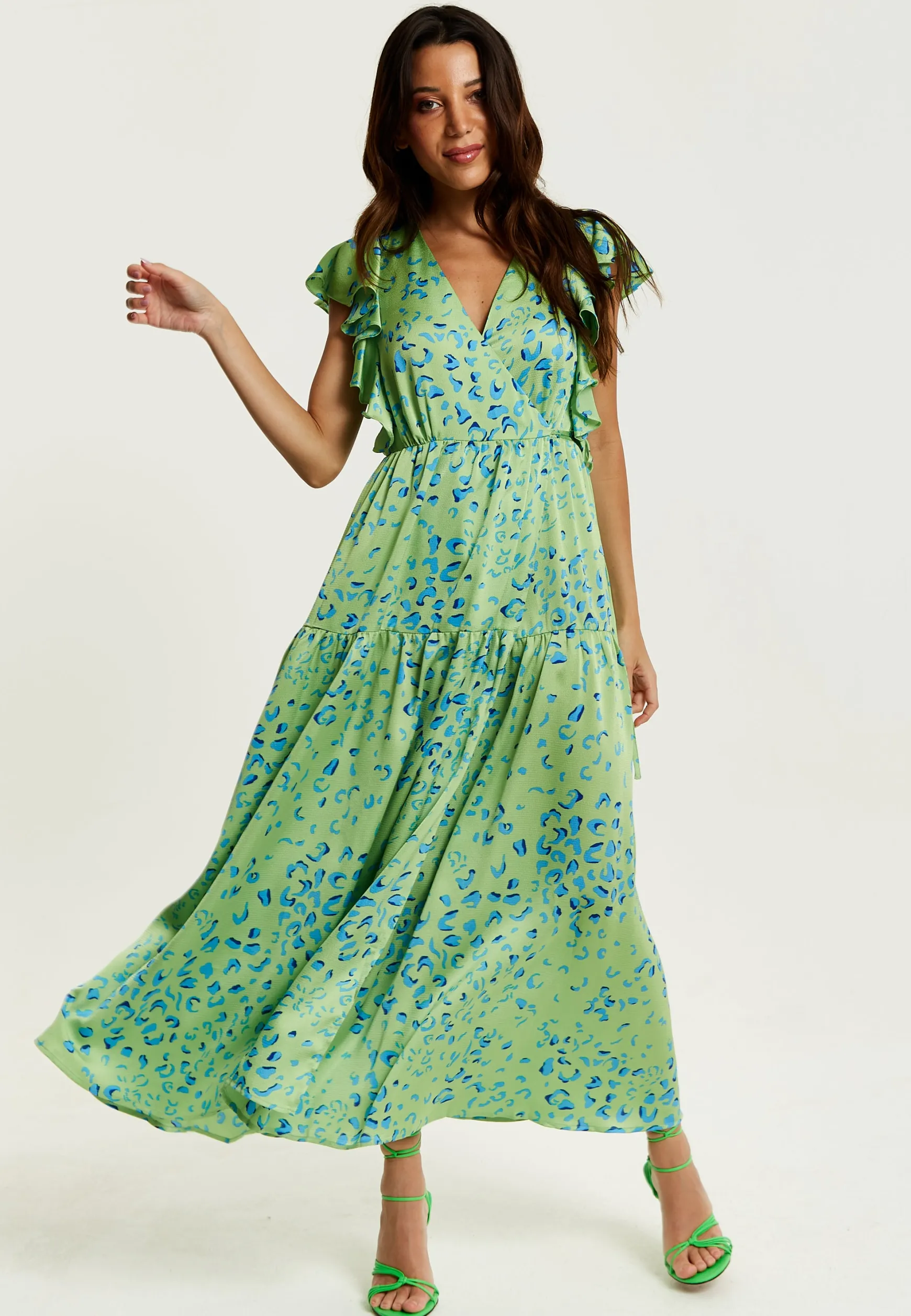 Women's Maxi Dress in Sage with V-Neck and Flouncy Sleeves - Liquorish