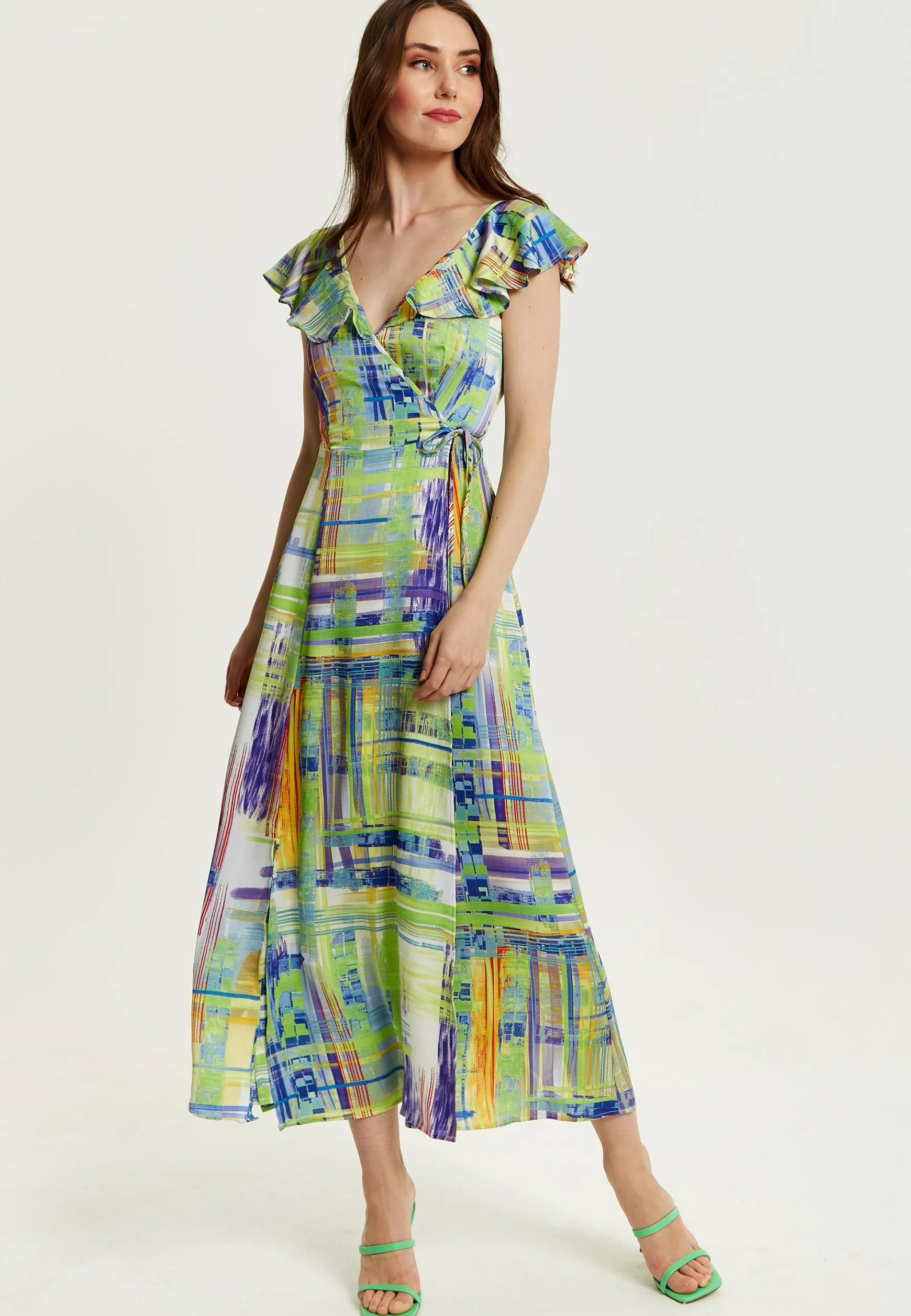 Women's Maxi Dress in Sage and Purple with Flouncy Sleeves and Abstract Print - Liquorish