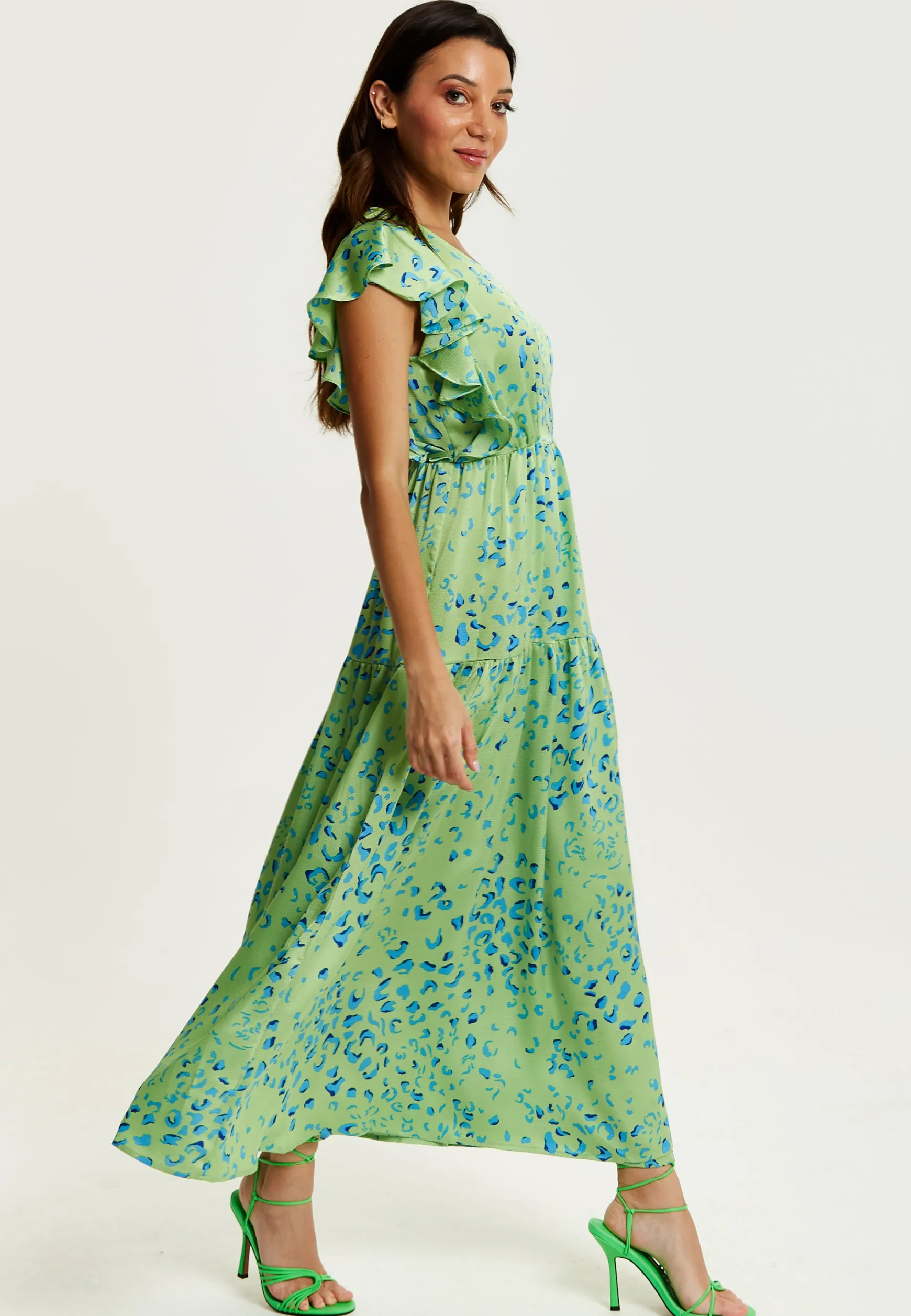 Women's Maxi Dress in Sage with V-Neck and Flouncy Sleeves - Liquorish