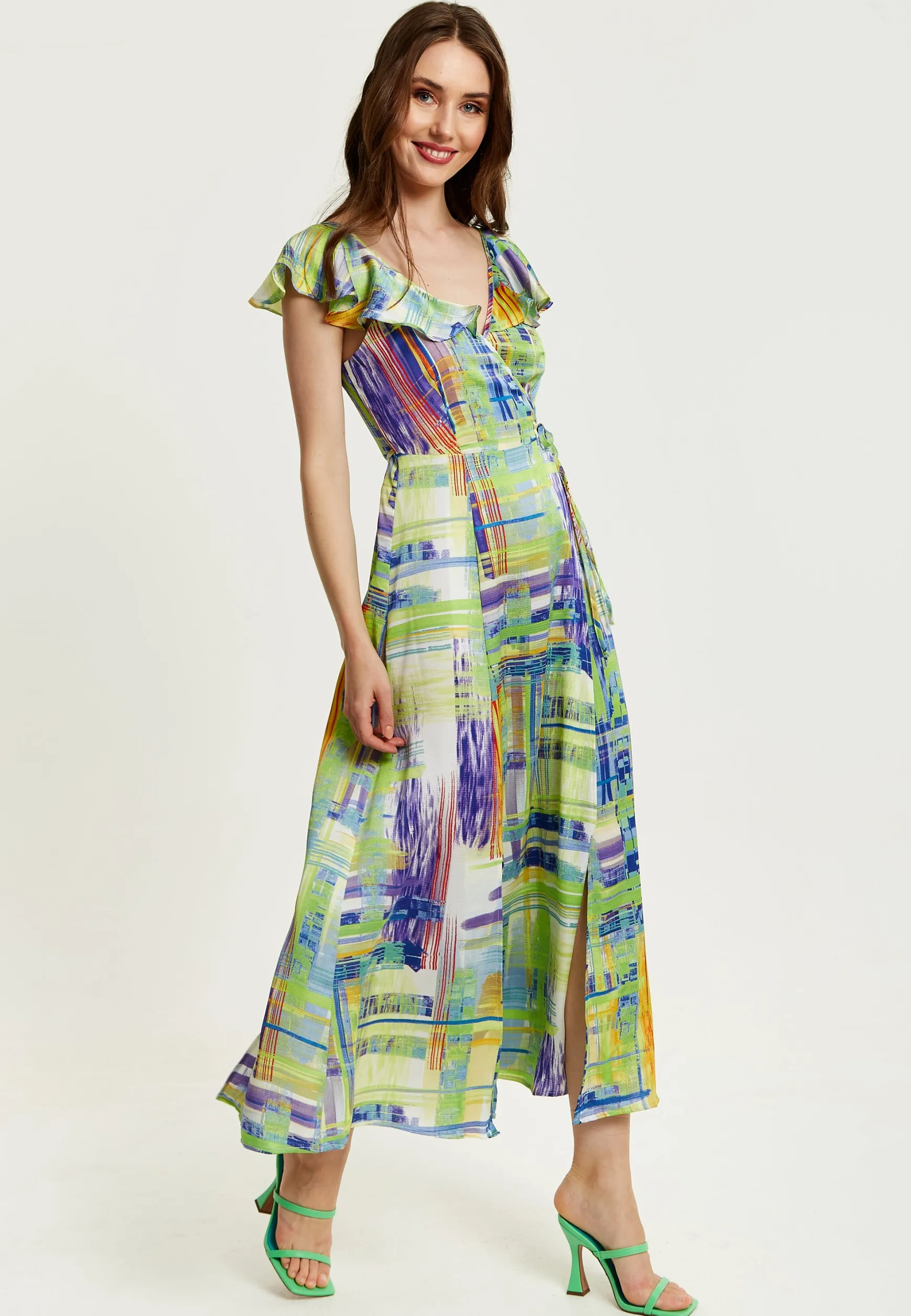 Women's Maxi Dress in Sage and Purple with Flouncy Sleeves and Abstract Print - Liquorish