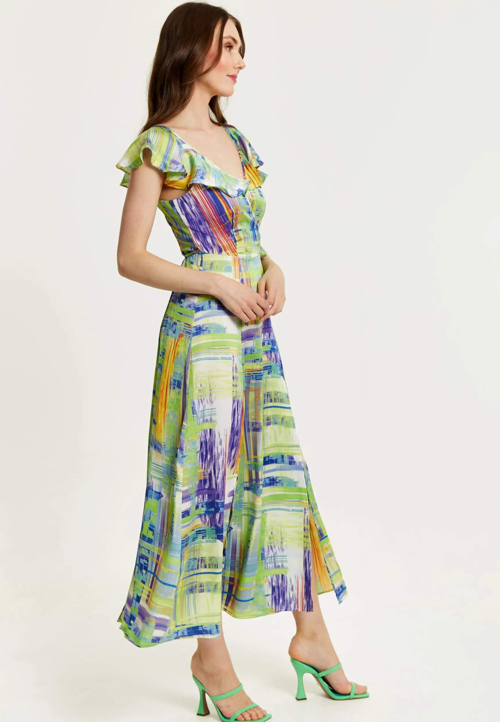 Women's Maxi Dress in Sage and Purple with Flouncy Sleeves and Abstract Print - Liquorish