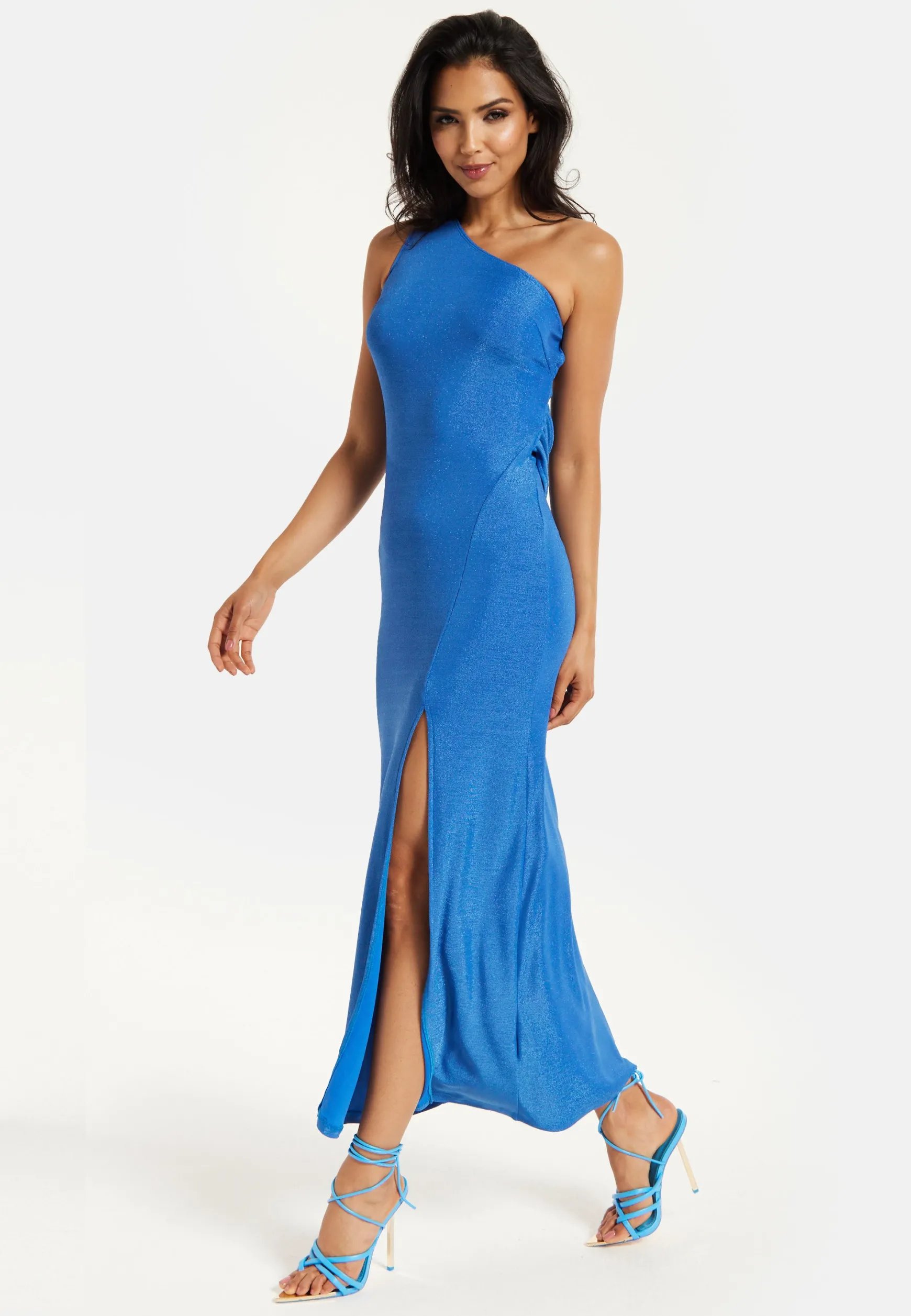 Women's Maxi Dress in Shimmering Blue Lurex with One Shoulder Design and Long Slit - Liquorish