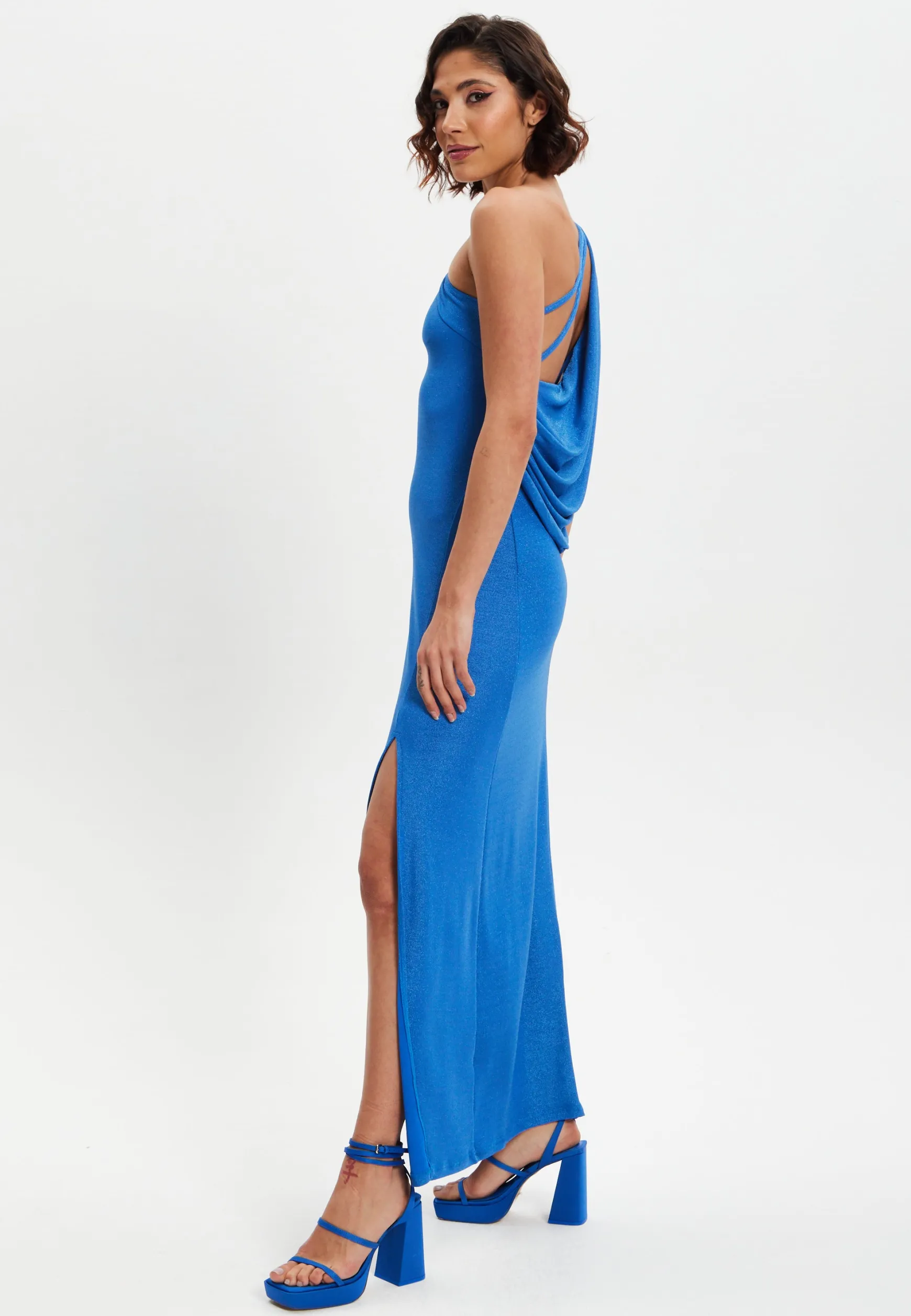 Women's Maxi Dress in Shimmering Blue Lurex with One Shoulder Design and Long Slit - Liquorish