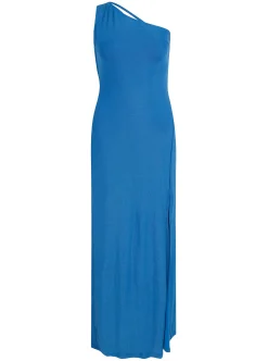Women's Maxi Dress in Shimmering Blue Lurex with One Shoulder Design and Long Slit - Liquorish