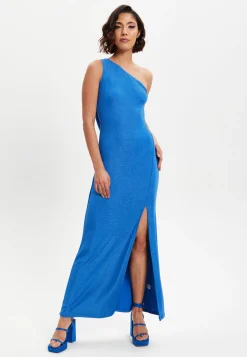 Women's Maxi Dress in Shimmering Blue Lurex with One Shoulder Design and Long Slit - Liquorish