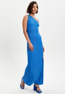Women's Maxi Dress in Shimmering Blue Lurex with One Shoulder Design and Long Slit - Liquorish