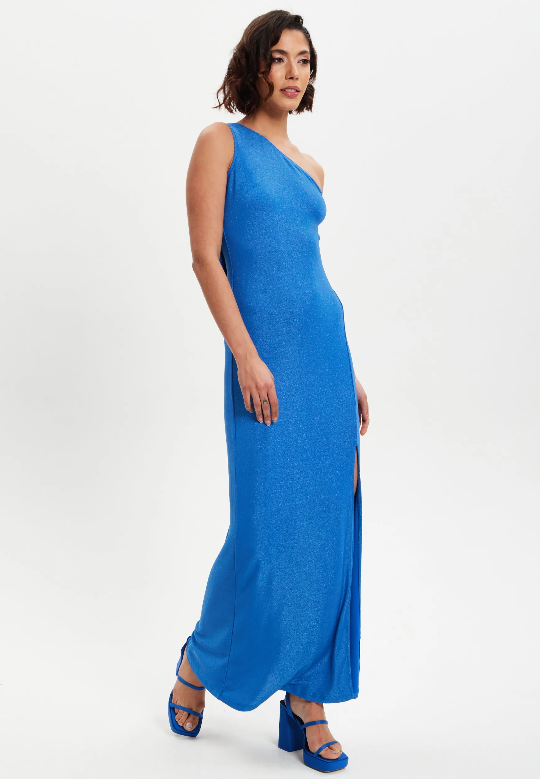 Women's Maxi Dress in Shimmering Blue Lurex with One Shoulder Design and Long Slit - Liquorish