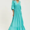 Women's Maxi Dress in Striking Green with Frill Short Sleeves and V-Neck Design - Liquorish