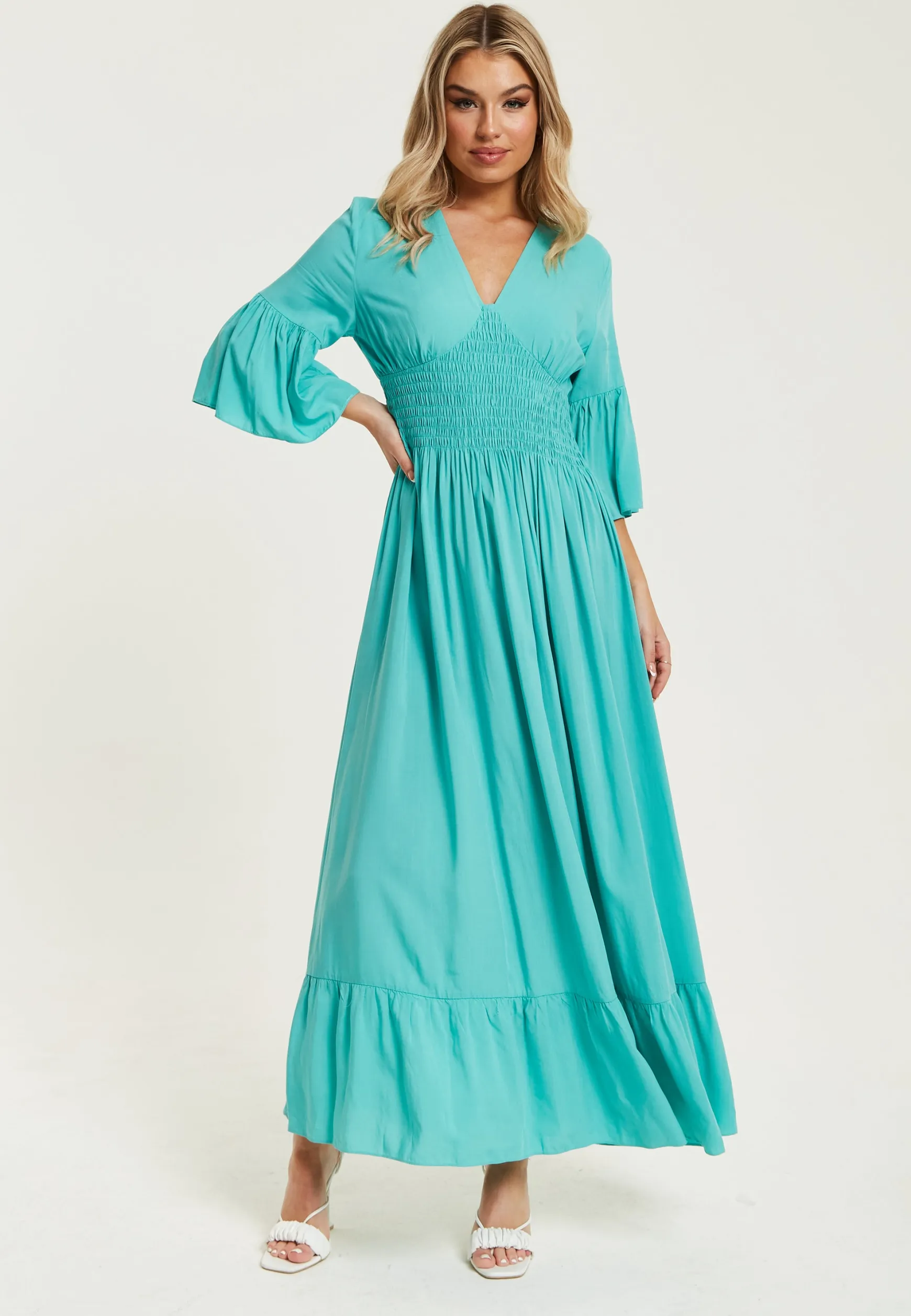 Women's Maxi Dress in Striking Green with Frill Short Sleeves and V-Neck Design - Liquorish