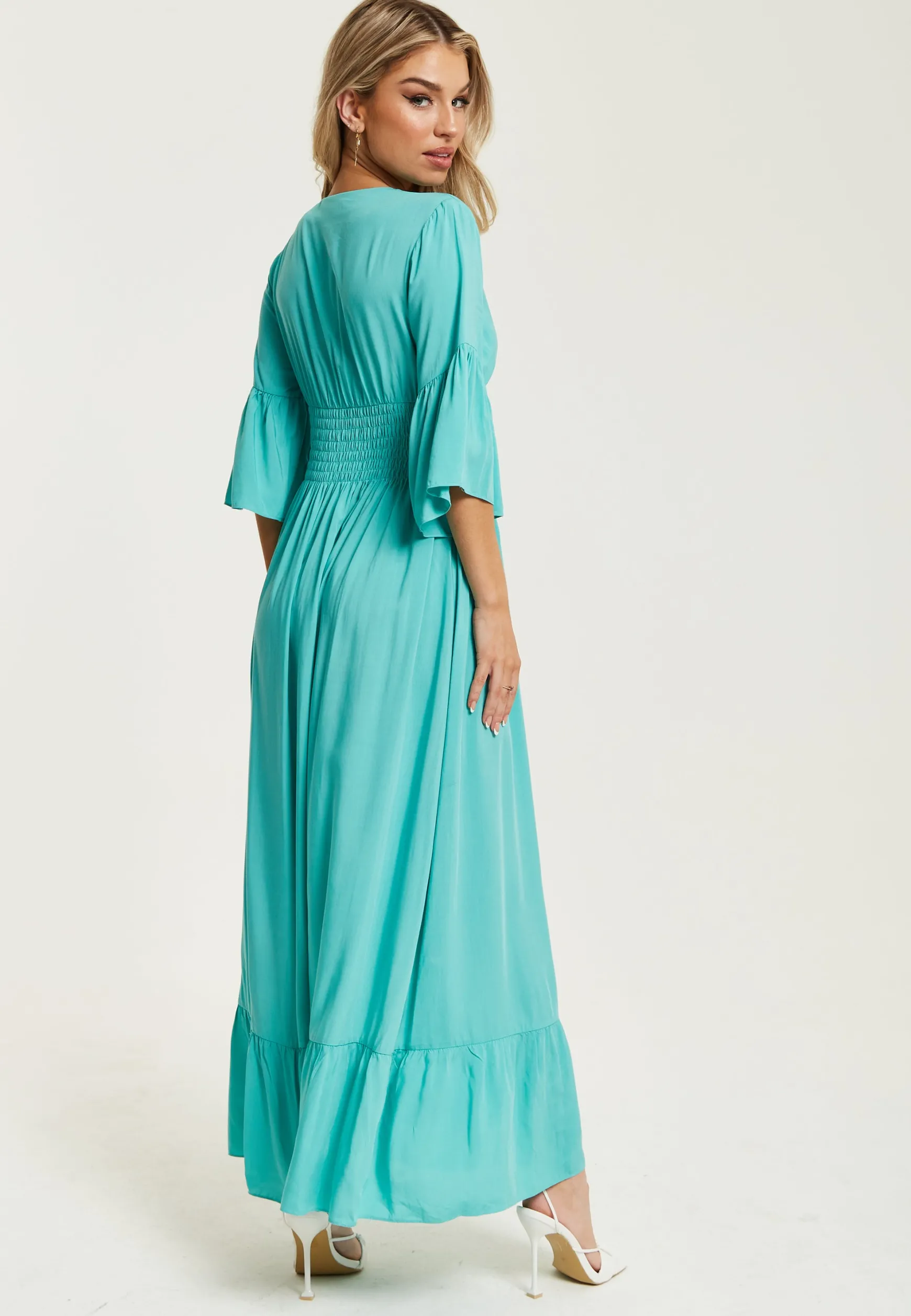 Women's Maxi Dress in Striking Green with Frill Short Sleeves and V-Neck Design - Liquorish