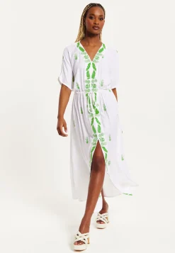 Women's Maxi Dress in White with Short Sleeves and Front Slit, Featuring Green Pineapple Embroidery - Liquorish