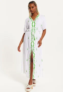 Women's Maxi Dress in White with Short Sleeves and Front Slit, Featuring Green Pineapple Embroidery - Liquorish