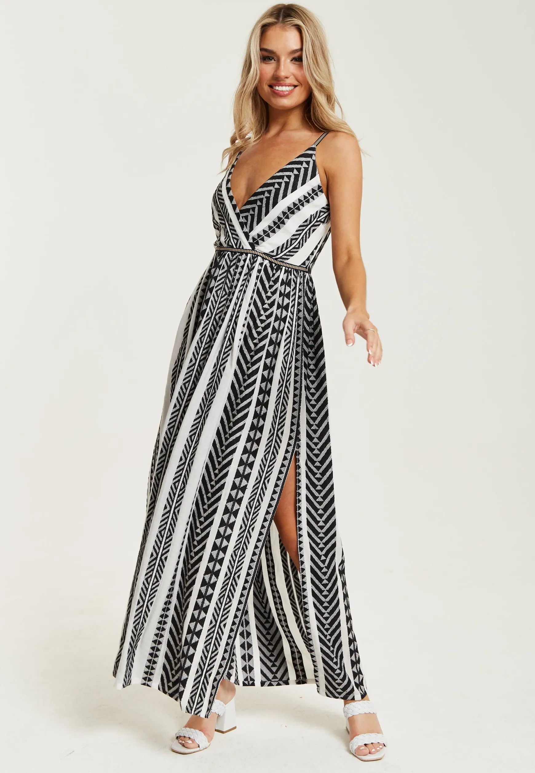 Women's Maxi Dress in White and Black with Sleeveless Design - Liquorish