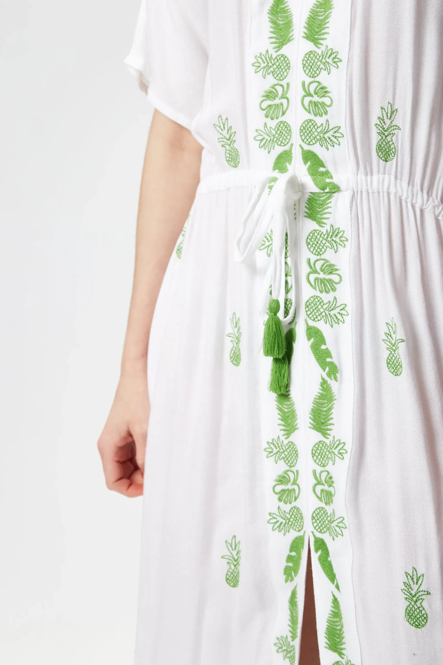 Women's Maxi Dress in White with Short Sleeves and Front Slit, Featuring Green Pineapple Embroidery - Liquorish