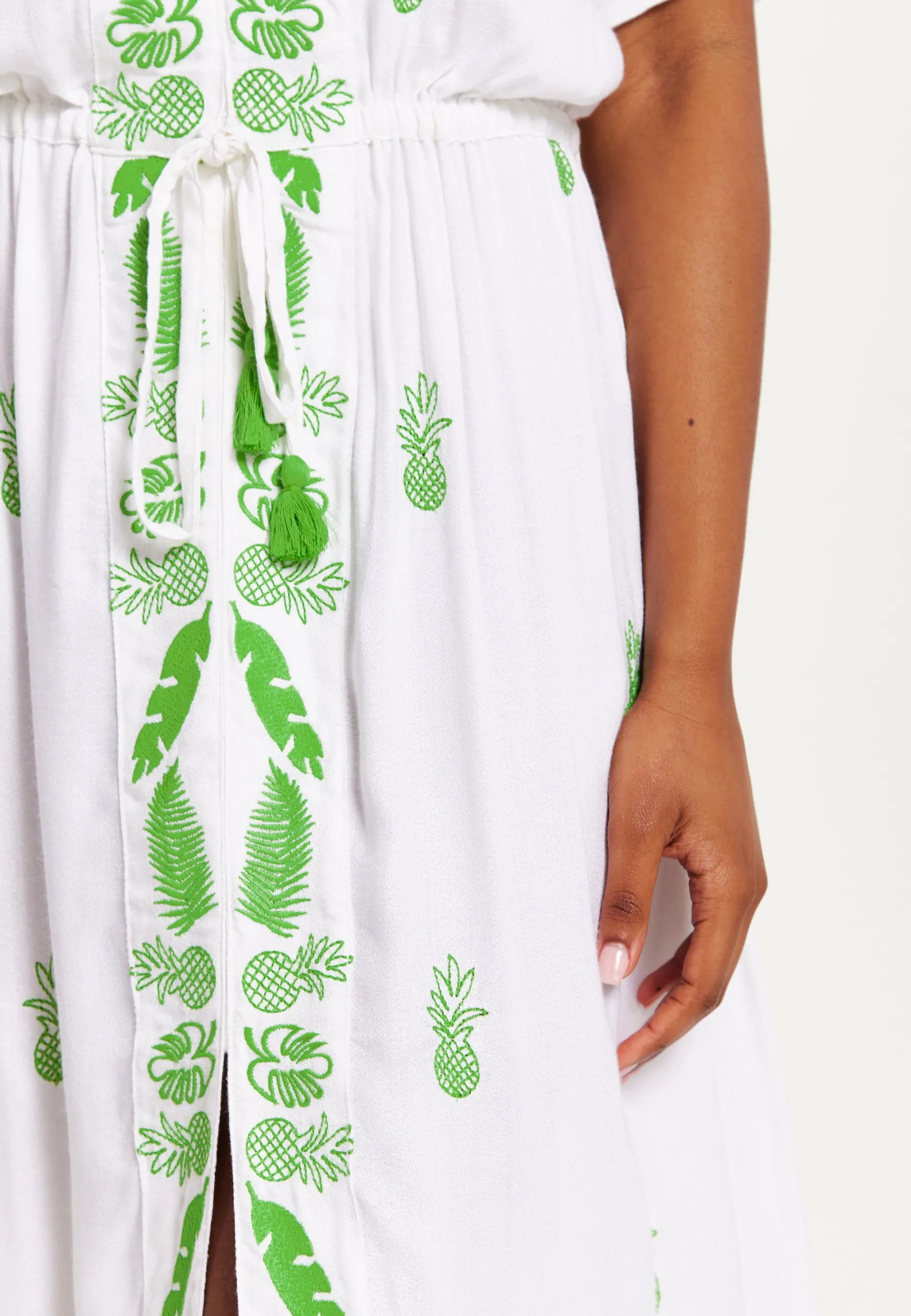 Women's Maxi Dress in White with Short Sleeves and Front Slit, Featuring Green Pineapple Embroidery - Liquorish