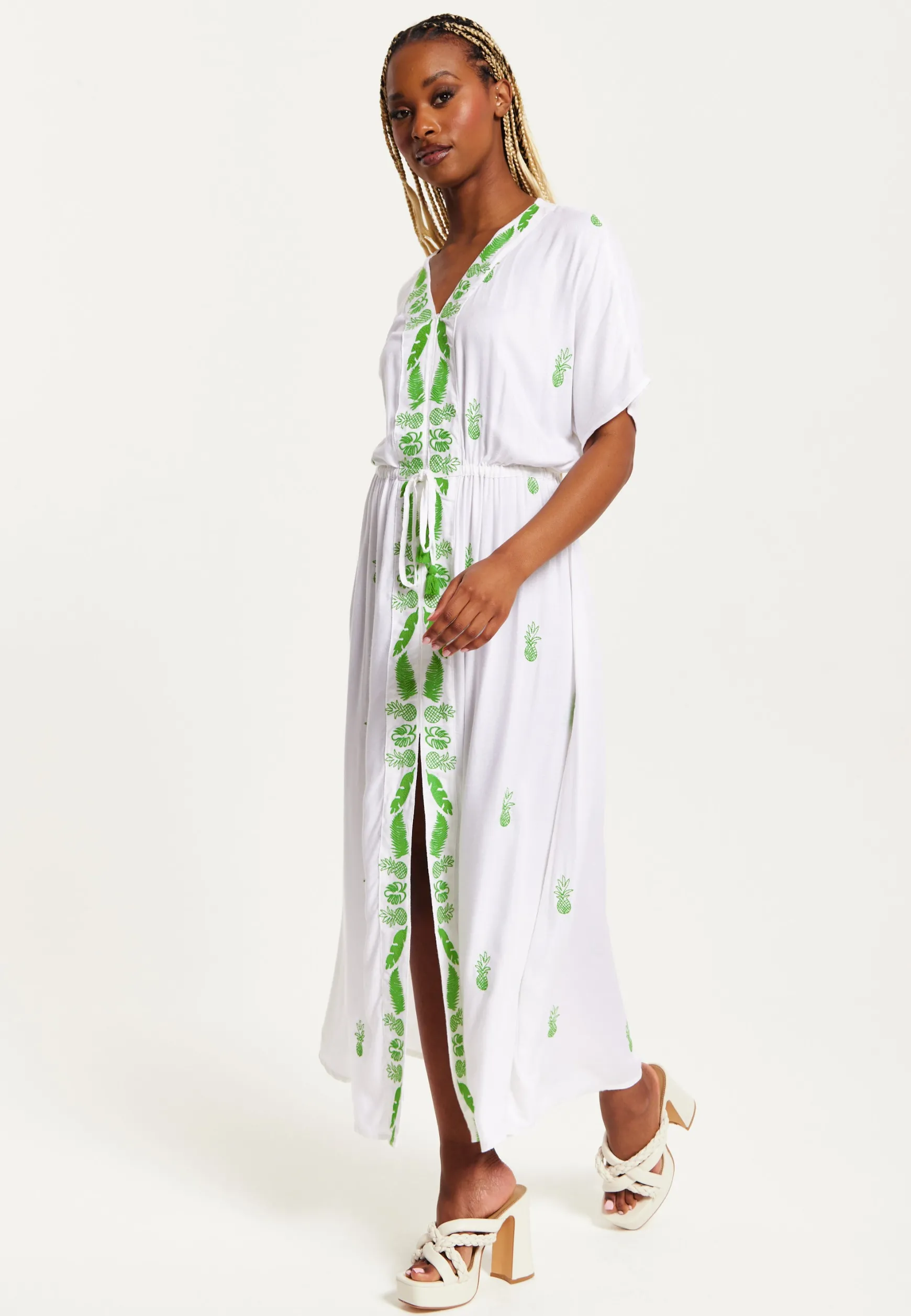 Women's Maxi Dress in White with Short Sleeves and Front Slit, Featuring Green Pineapple Embroidery - Liquorish