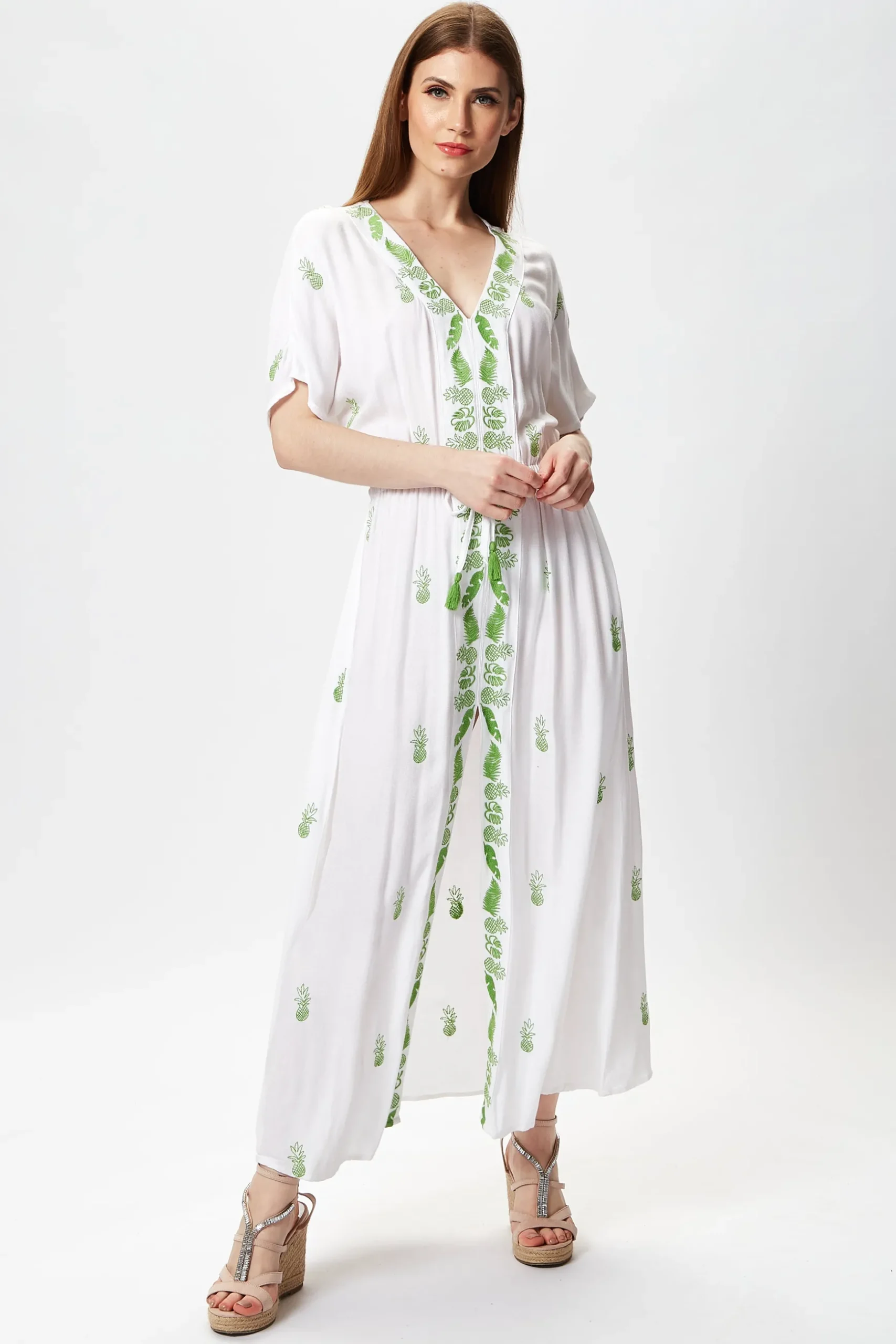 Women's Maxi Dress in White with Short Sleeves and Front Slit, Featuring Green Pineapple Embroidery - Liquorish
