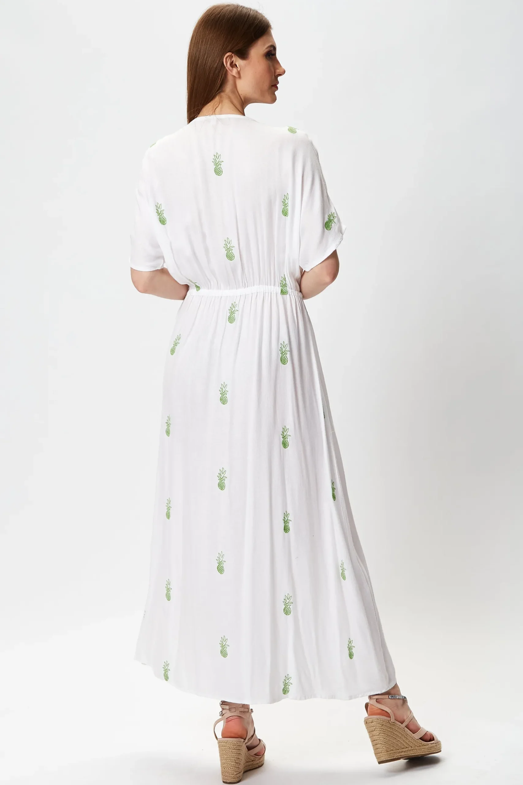 Women's Maxi Dress in White with Short Sleeves and Front Slit, Featuring Green Pineapple Embroidery - Liquorish