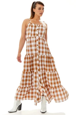 Women's Maxi Dress with Button-Up Front and Fluid Movement in Brown and White - Liquorish