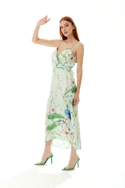 Women's Maxi Dress with Cami Style, V Neckline, Tie Waist, and Bird Print in Mint Green - Liquorish