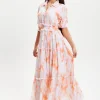 Women's Maxi Dress with Elasticated Waist, Short Sleeves, and Vibrant Orange Dip Dye Design