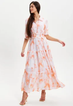 Women's Maxi Dress with Elasticated Waist, Short Sleeves, and Vibrant Orange Dip Dye Design