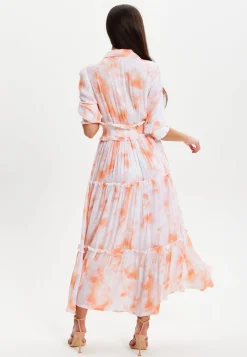 Women's Maxi Dress with Elasticated Waist, Short Sleeves, and Vibrant Orange Dip Dye Design