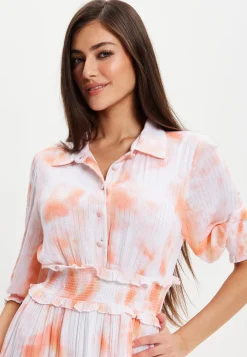 Women's Maxi Dress with Elasticated Waist, Short Sleeves, and Vibrant Orange Dip Dye Design