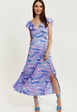 Women's Maxi Dress with Flouncy Sleeves and Abstract Zebra Print in Lilac - Liquorish