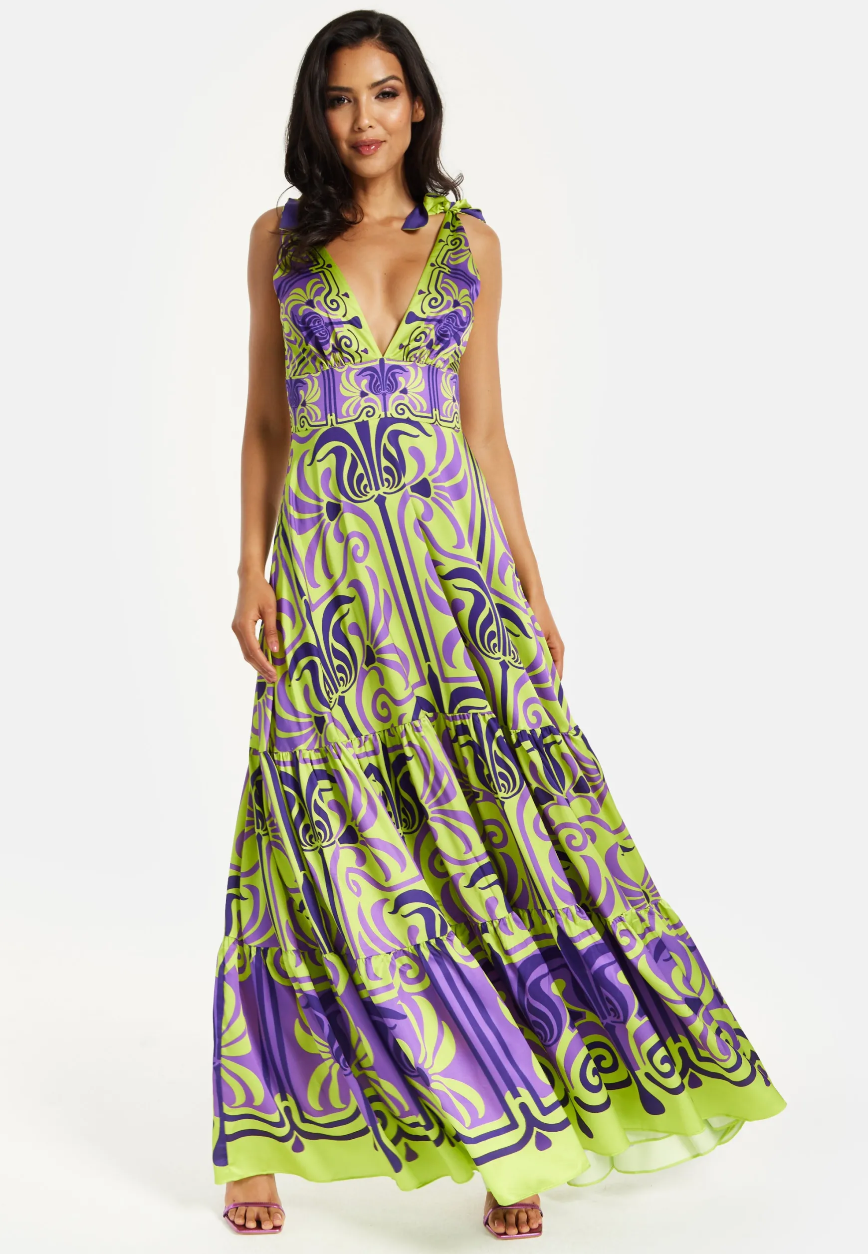 Women's Maxi Dress with Flowing Tiered Skirt in Purple and Lime Green - Deep V-Neck Style by Liquorish