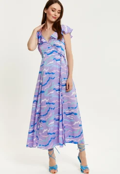 Women's Maxi Dress with Flouncy Sleeves and Abstract Zebra Print in Lilac - Liquorish