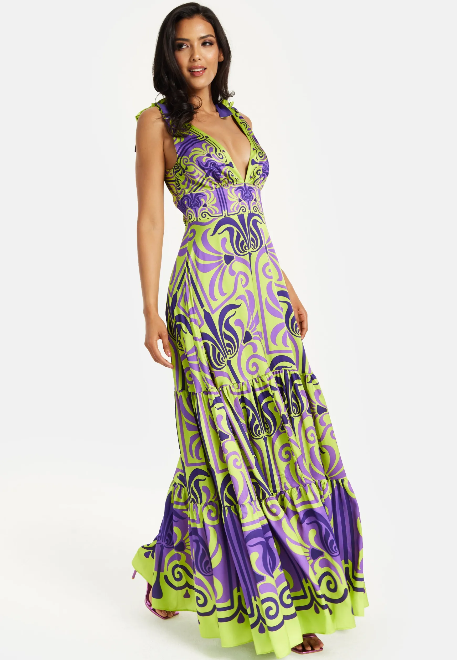 Women's Maxi Dress with Flowing Tiered Skirt in Purple and Lime Green - Deep V-Neck Style by Liquorish