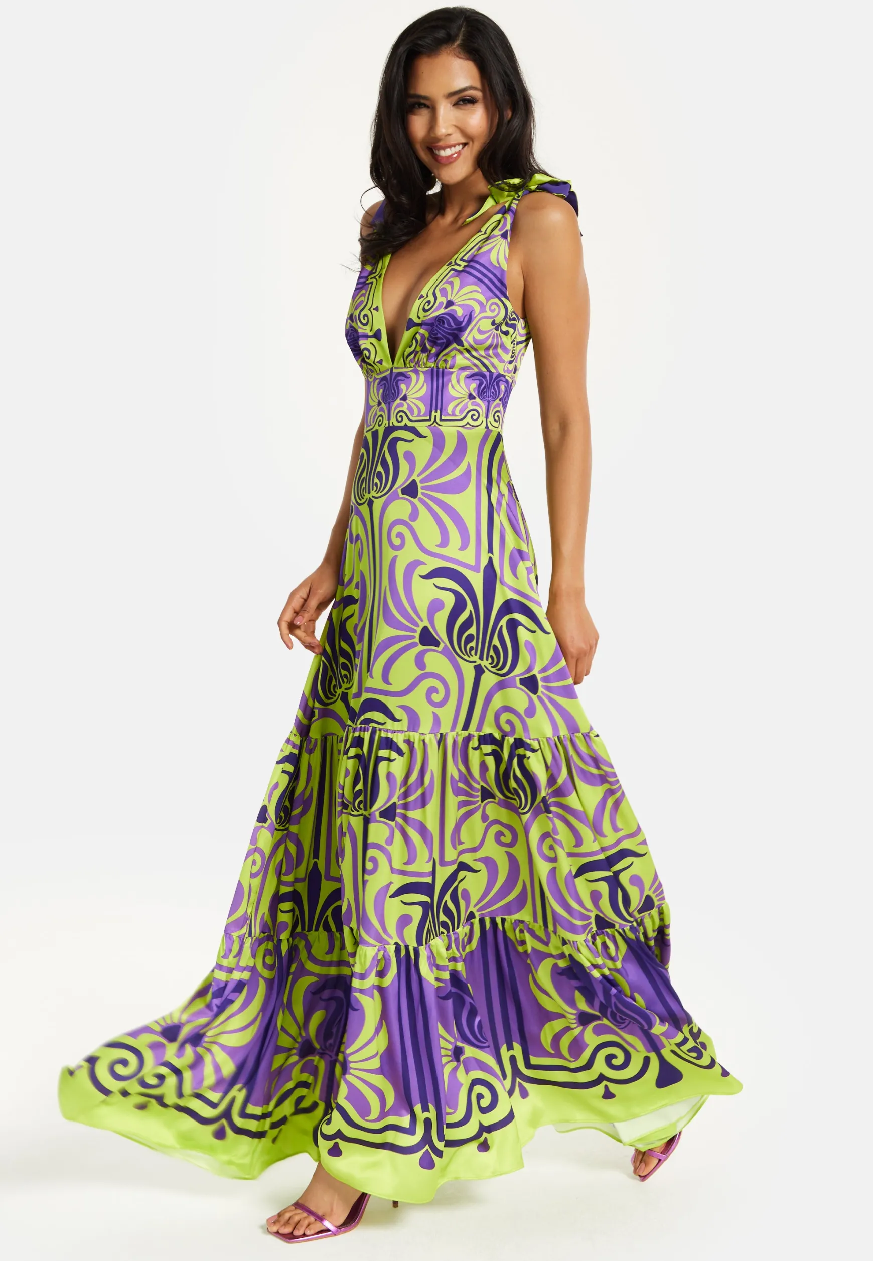 Women's Maxi Dress with Flowing Tiered Skirt in Purple and Lime Green - Deep V-Neck Style by Liquorish