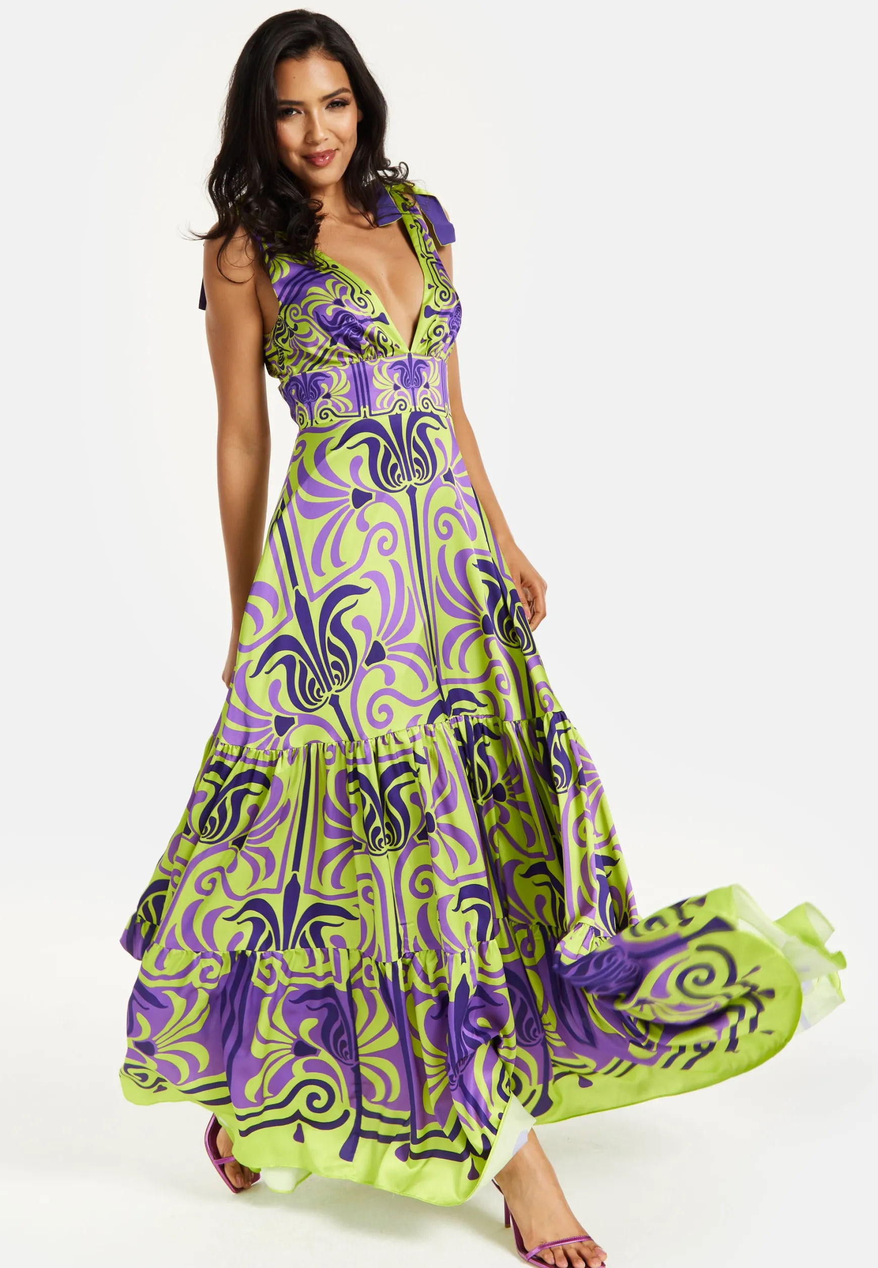 Women's Maxi Dress with Flowing Tiered Skirt in Purple and Lime Green - Deep V-Neck Style by Liquorish