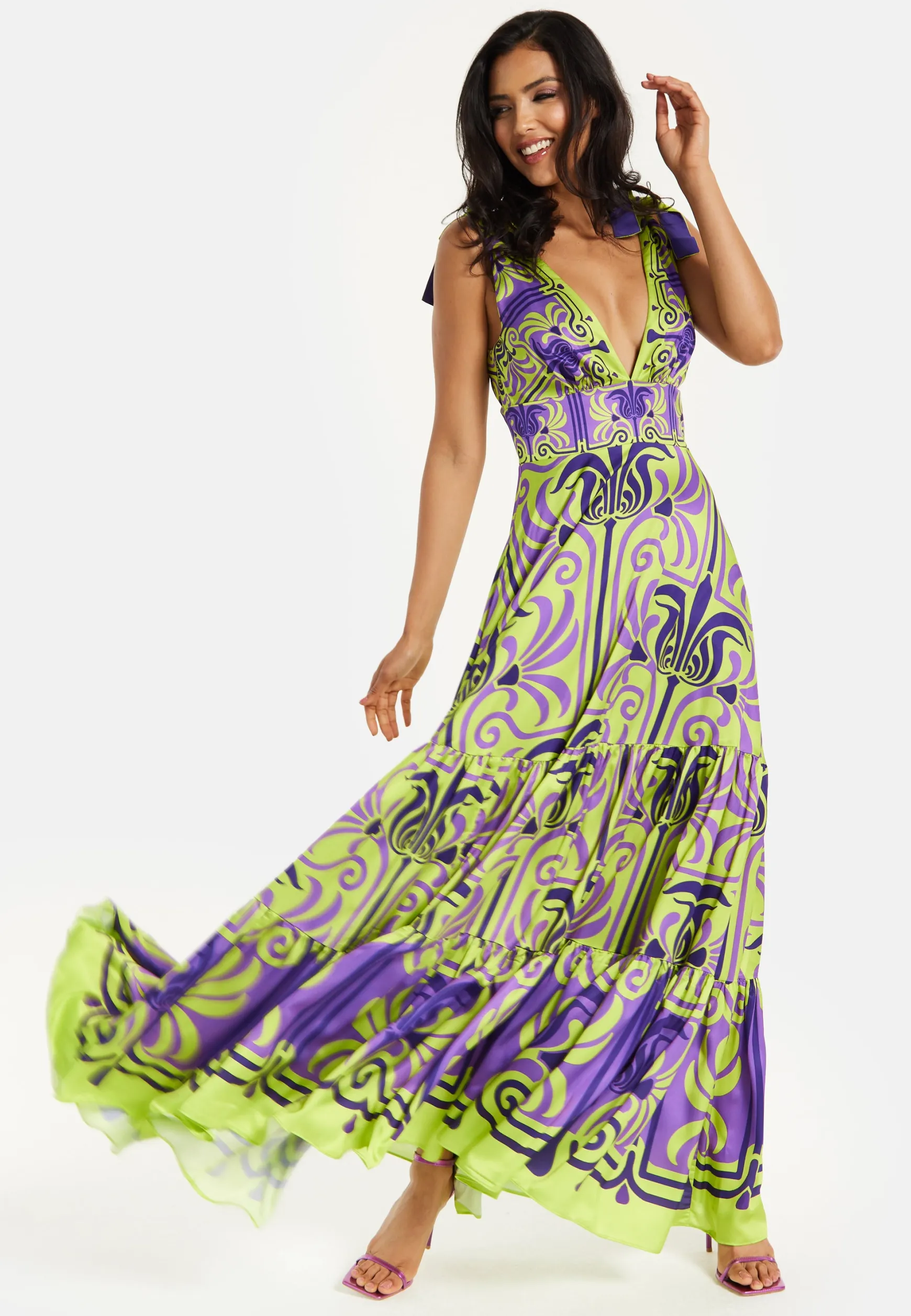 Women's Maxi Dress with Flowing Tiered Skirt in Purple and Lime Green - Deep V-Neck Style by Liquorish