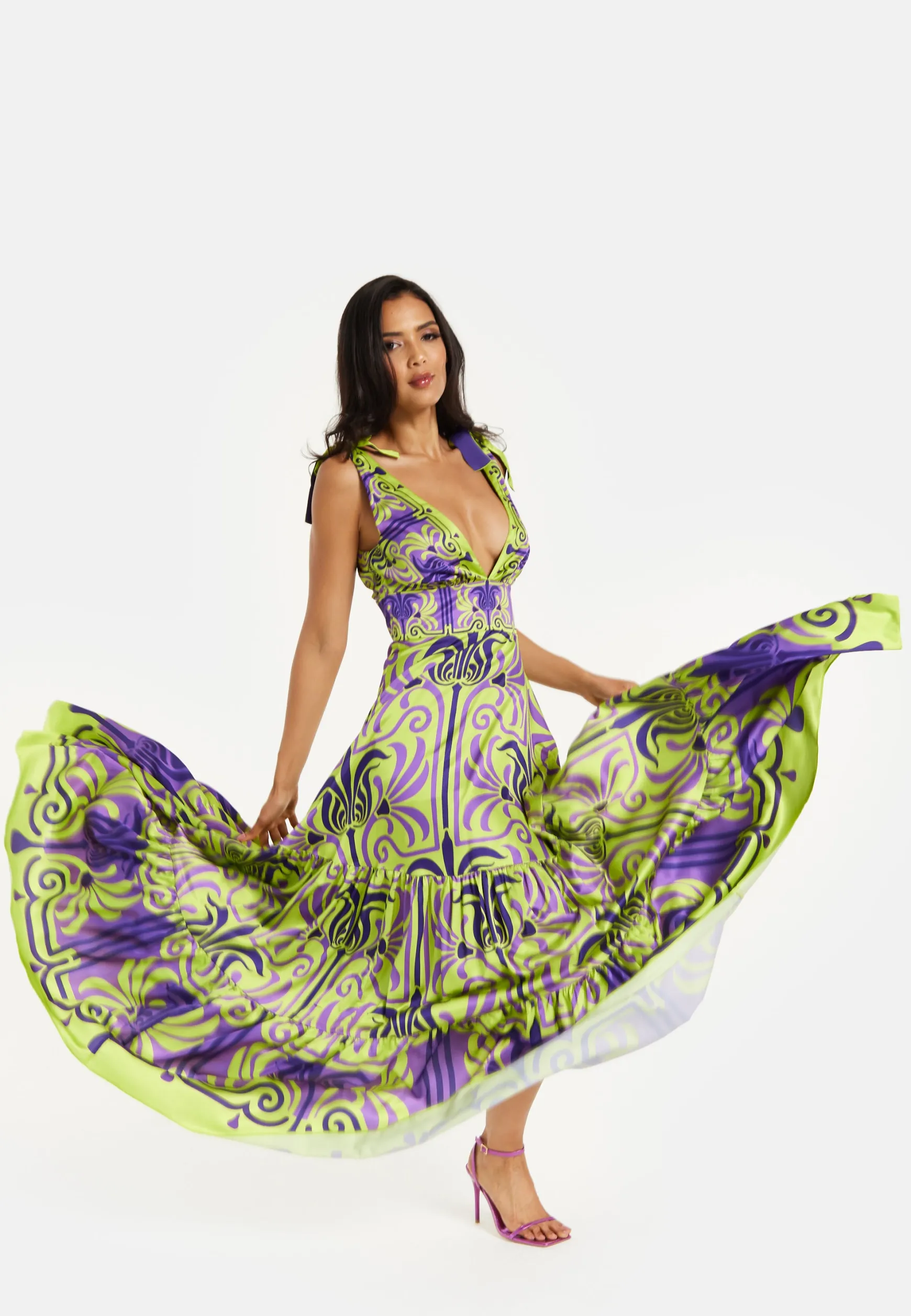 Women's Maxi Dress with Flowing Tiered Skirt in Purple and Lime Green - Deep V-Neck Style by Liquorish