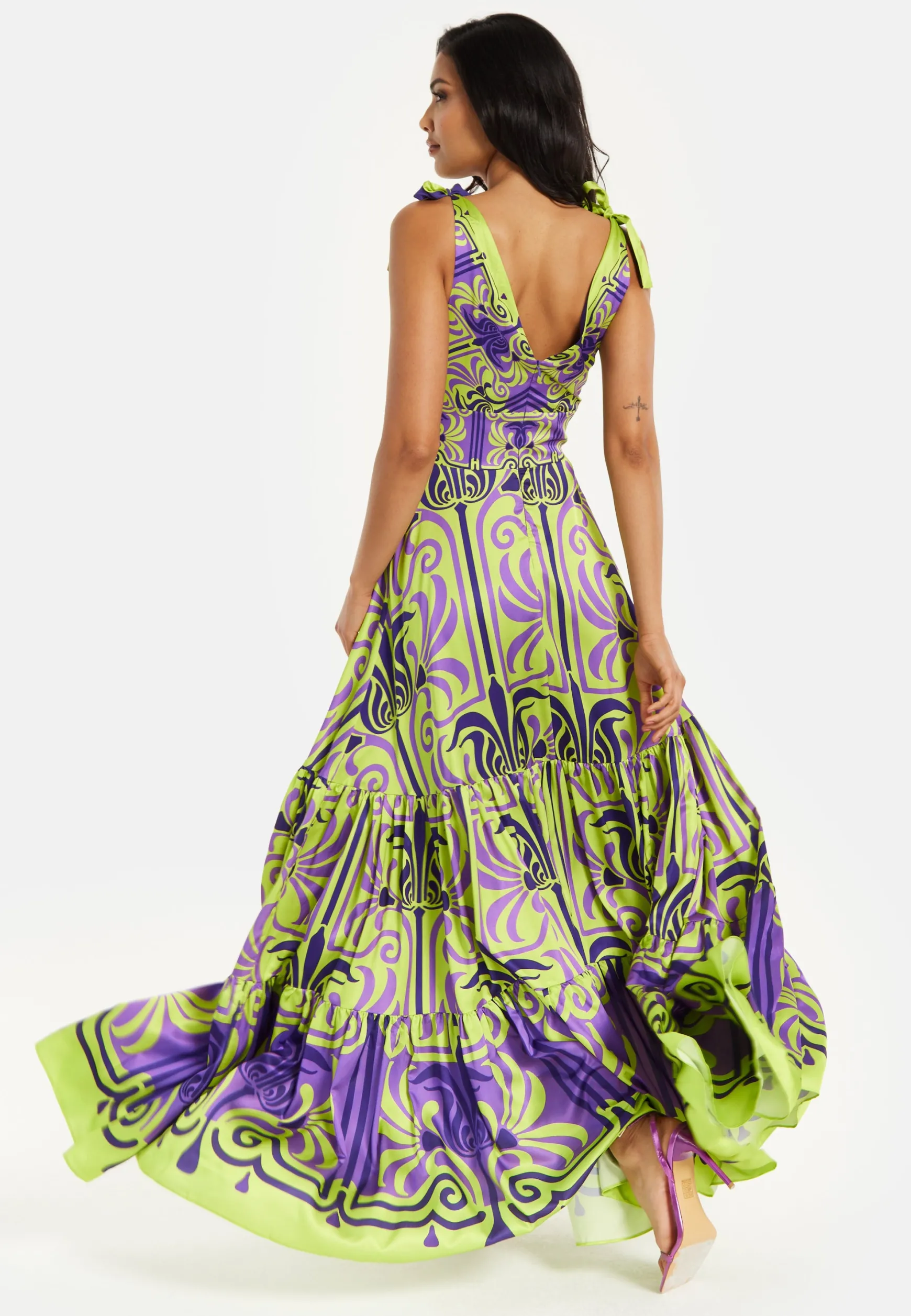 Women's Maxi Dress with Flowing Tiered Skirt in Purple and Lime Green - Deep V-Neck Style by Liquorish