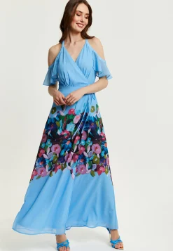 Women's Maxi Dress with Frill Details in Blue, Cold Shoulder and Sleeveless Design, Floral Print - Liquorish