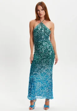 Women's Maxi Dress with Halter Neck & Open Back, Slim Fit, Zip-Side Fastening, Sequin Detail, in Beautiful Color - Liquorish