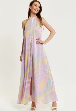 Women's Maxi Dress with High Neck and Front Slit in Lilac - Floaty Sleeveless Style by Liquorish