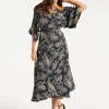 Women’s Maxi Dress with Kimono Sleeves and Orange Lace, Black Floral Print Wrap Design, Elegant Style by Liquorish