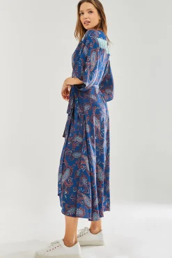 Women's Maxi Dress with Kimono Sleeves and Blue Lace Details in Navy Floral Print - Liquorish