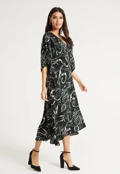 Women’s Maxi Dress with Kimono Sleeves in Black - Flattering Wrap Design and Unique Scribble Print by Liquorish