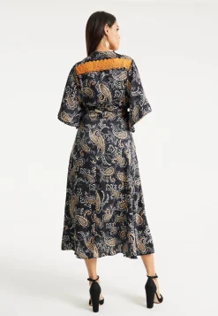 Women’s Maxi Dress with Kimono Sleeves and Orange Lace, Black Floral Print Wrap Design, Elegant Style by Liquorish