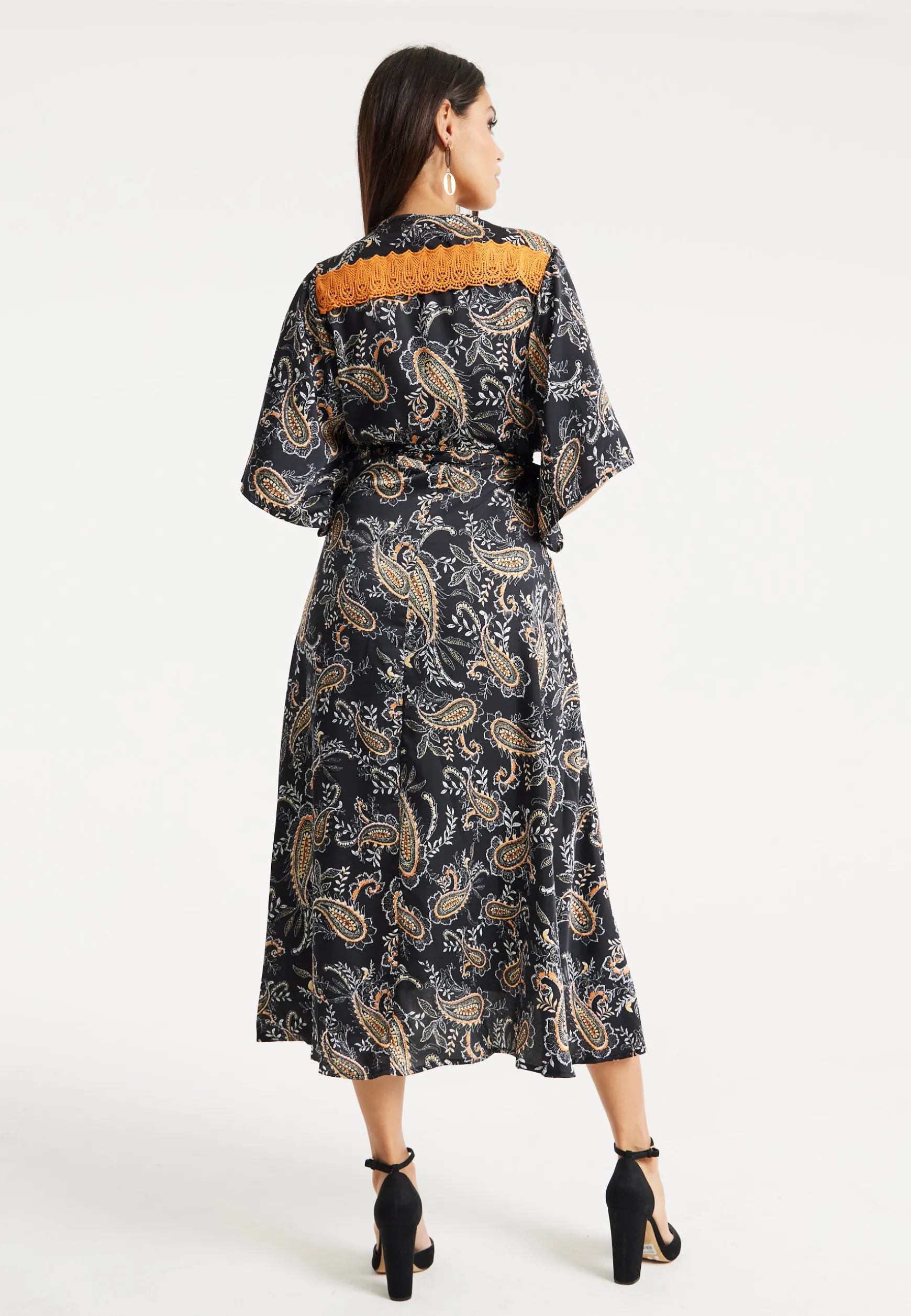 Women’s Maxi Dress with Kimono Sleeves and Orange Lace, Black Floral Print Wrap Design, Elegant Style by Liquorish