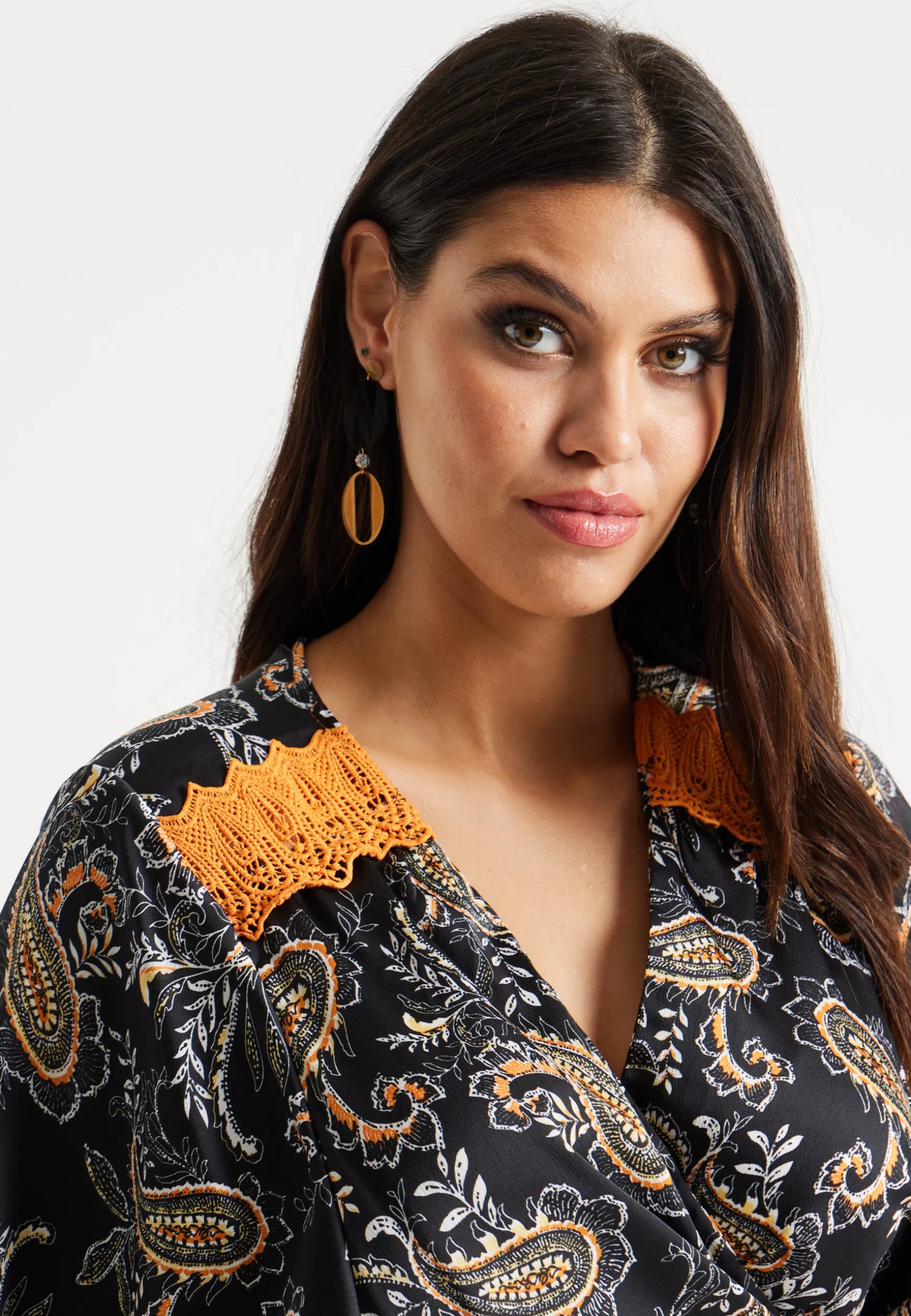 Women’s Maxi Dress with Kimono Sleeves and Orange Lace, Black Floral Print Wrap Design, Elegant Style by Liquorish