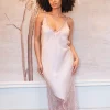 Women's Maxi Dress with Lace Detail V-Neck and Sleeveless Design in Rose Pink - Liquorish