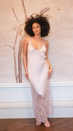 Women's Maxi Dress with Lace Detail V-Neck and Sleeveless Design in Rose Pink - Liquorish